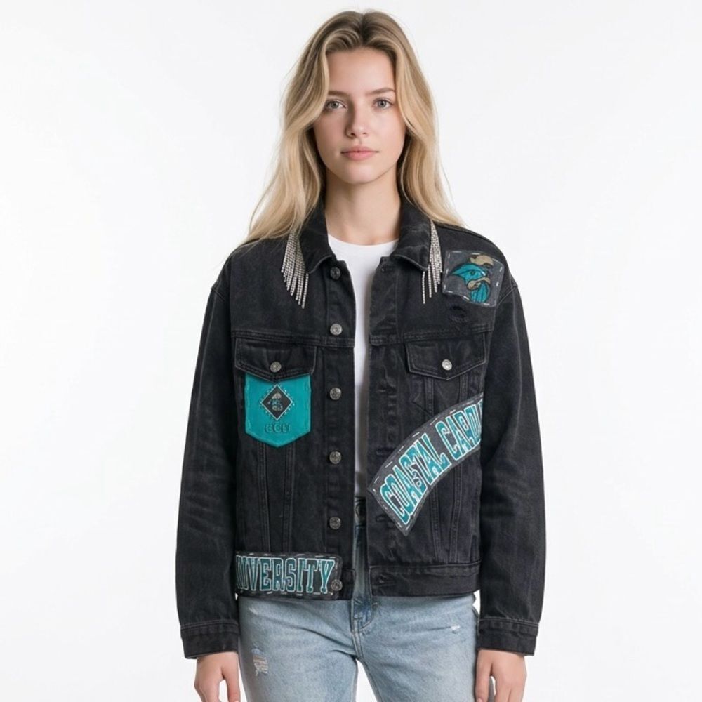 COASTAL CAROLINA UNIVERSITY CHANTS Upcycled Black Denim Jean Jacket Size X-Large